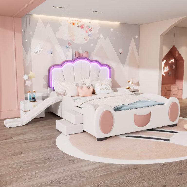 Fortuna Lai letto imbottito LED 140x200cm con scivolo e scaletta, letto imbottito per bambini Letto matrimoniale inPoliuretanobella forma, letto a farfalla, rosa + bianco