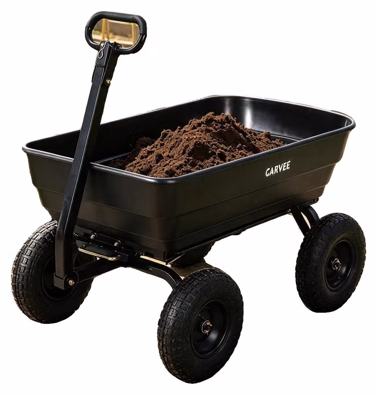 Carrello da giardino, capacità di carico 1200 libbre, pneumatici da 10 pollici, sistema di ribaltamento rapido, maniglia ergonomica, contenitore in polietilene ad alta resistenza