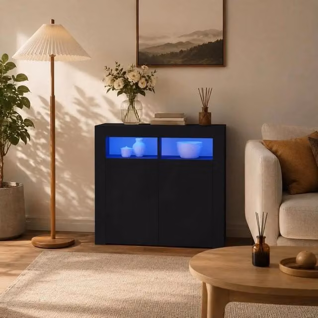 Sideboard With LED Lights, Black, 80x35x75 Cm