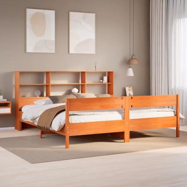Letto Libreria senza Materasso-Struttura Letto con contenitore Marrone Cera 180x200 cm in Pino 284044