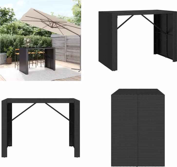 vidaXL Tavolo da bar con piano in vetro nero 145x80x110 cm Poly Rattan - Tavolo da bar con piano in vetro - Tavoli da bar con piano in vetro - Tavolo da festa - Tavolo da bistrot