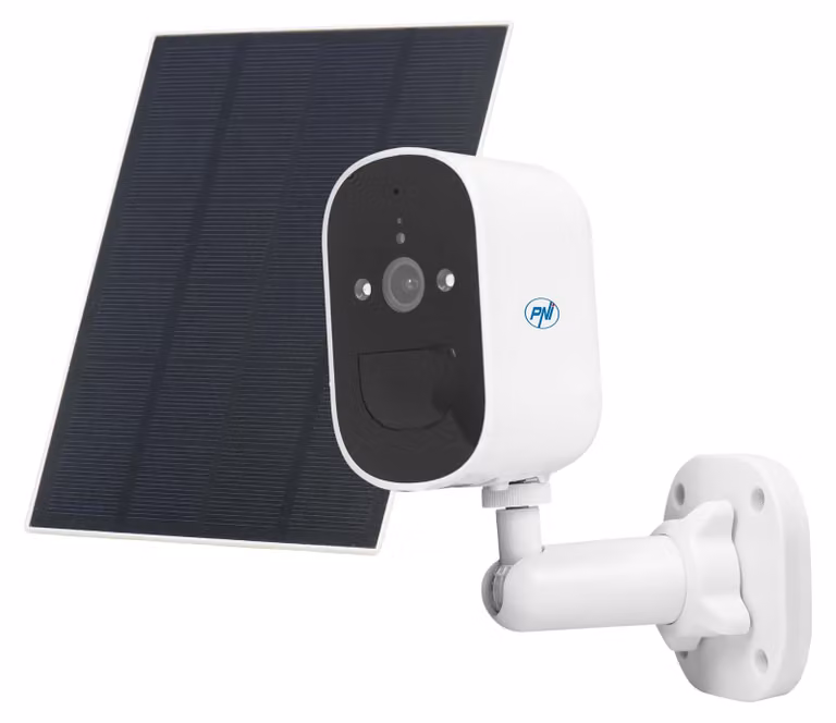 Telecamera di videosorveglianza PNI IP774, 4MP, con pannello solare da 3W, batteria integrata da 4000 mAh, rilevamento del movimento, slot per schede Micro-SD, visione notturna, audio bidirezionale