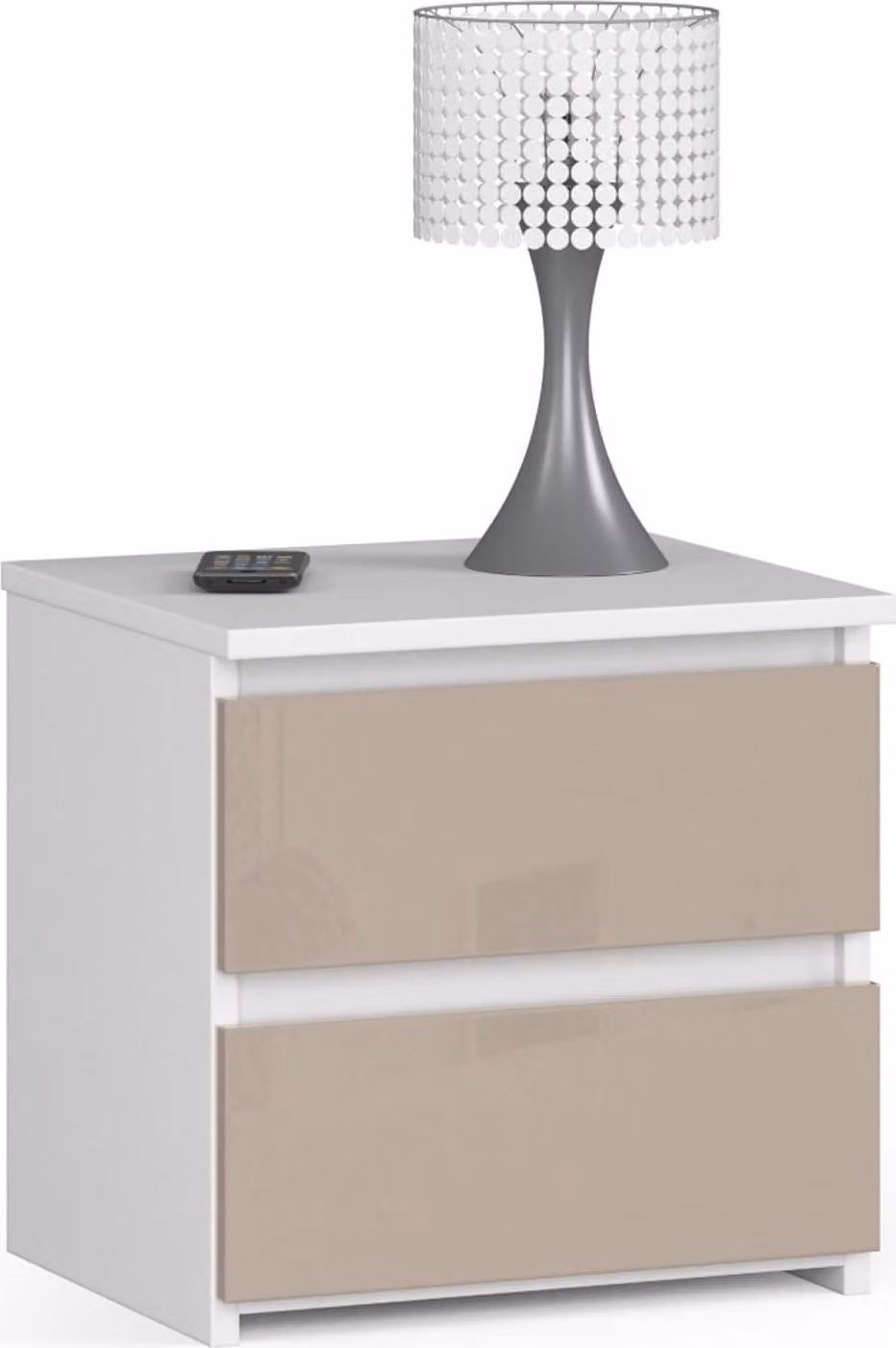 Comodino con 2 cassetti. Organizzatore per comodino. Comodino con cassetti, 40 cm di larghezza, 40 cm di altezza. Colore cappuccino, finitura lucida, legno. Mobile alto, mobile laterale, armadietto stretto