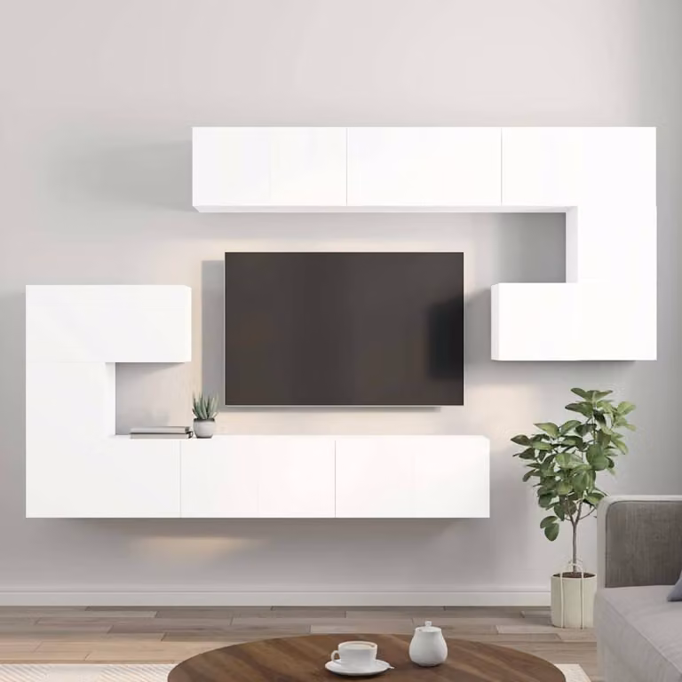 Set di mobili porta TV moderno vidaXL in legno multistrato e MDF, colore bianco lucido, 10 pezzi
