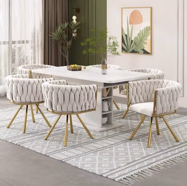 Set di 4 sedie girevoli con rotazione a 360°; rivestimento in velluto beige e oro