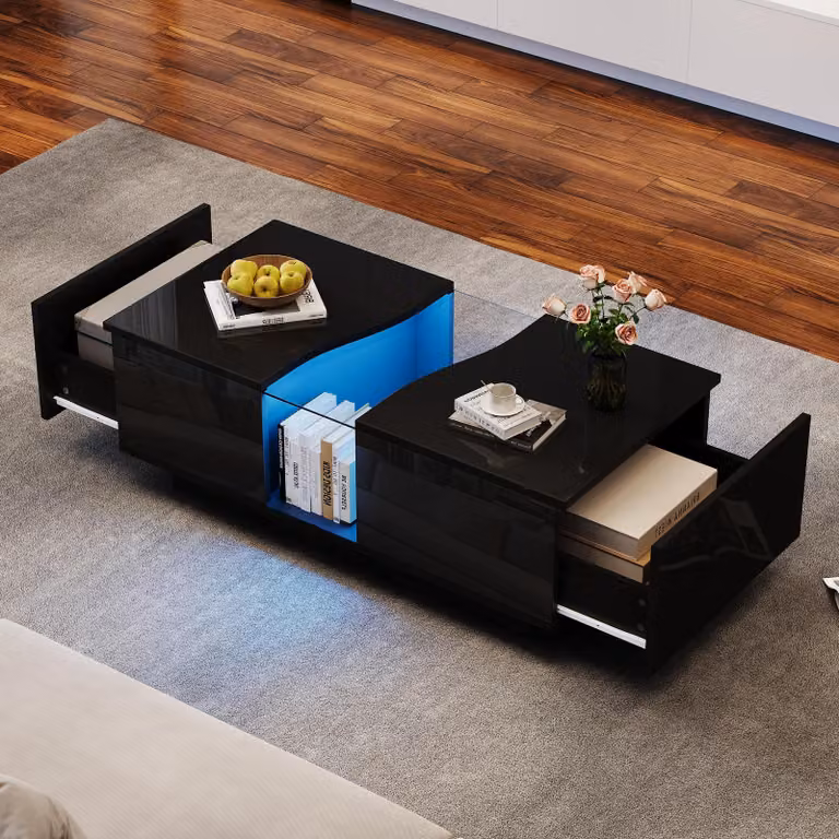 okwish Tavolino da salotto moderno con due cassetti e illuminazione a LED, tavolino da salotto lucido con piano in acrilico e struttura in MDF, nero