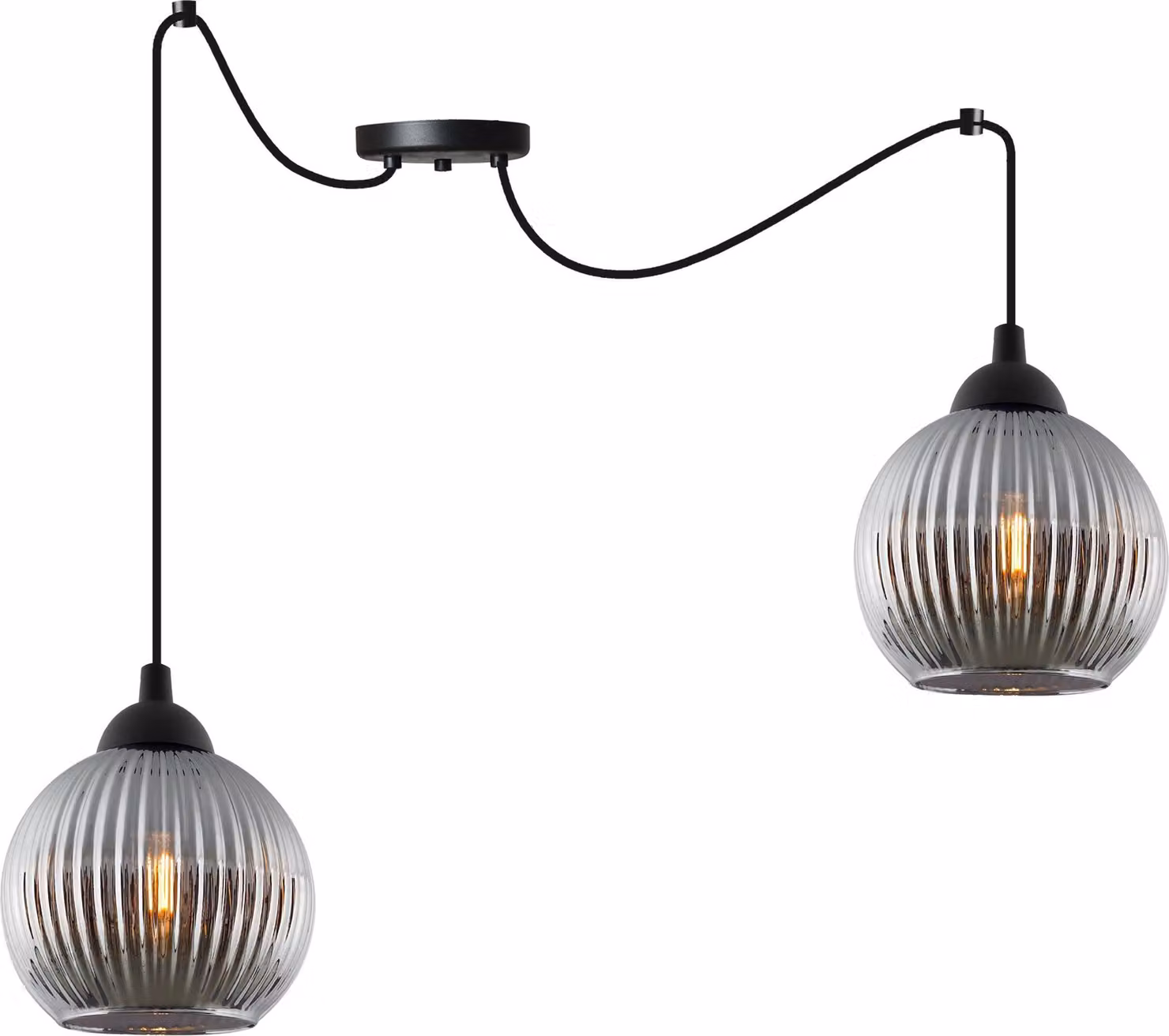 Lampada a sospensione RIFFLE a ragno, nera, a 2 luci, con sfere in vetro grigio, attacco E27