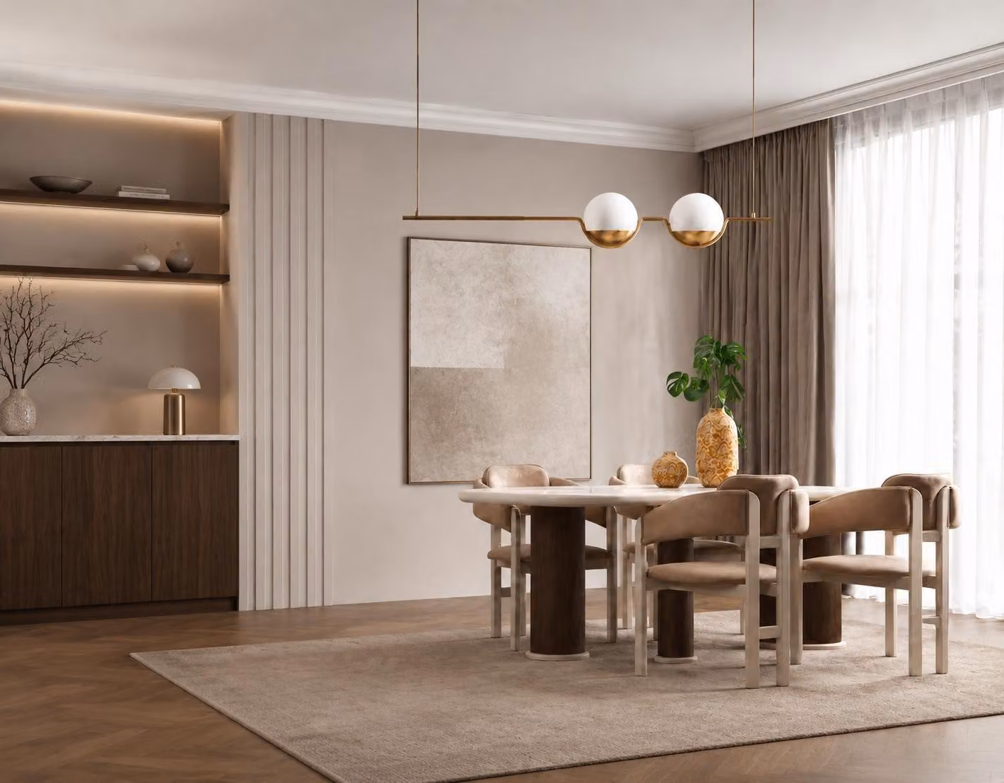 Set da pranzo beige, composto da un tavolo e 4 sedie in legno