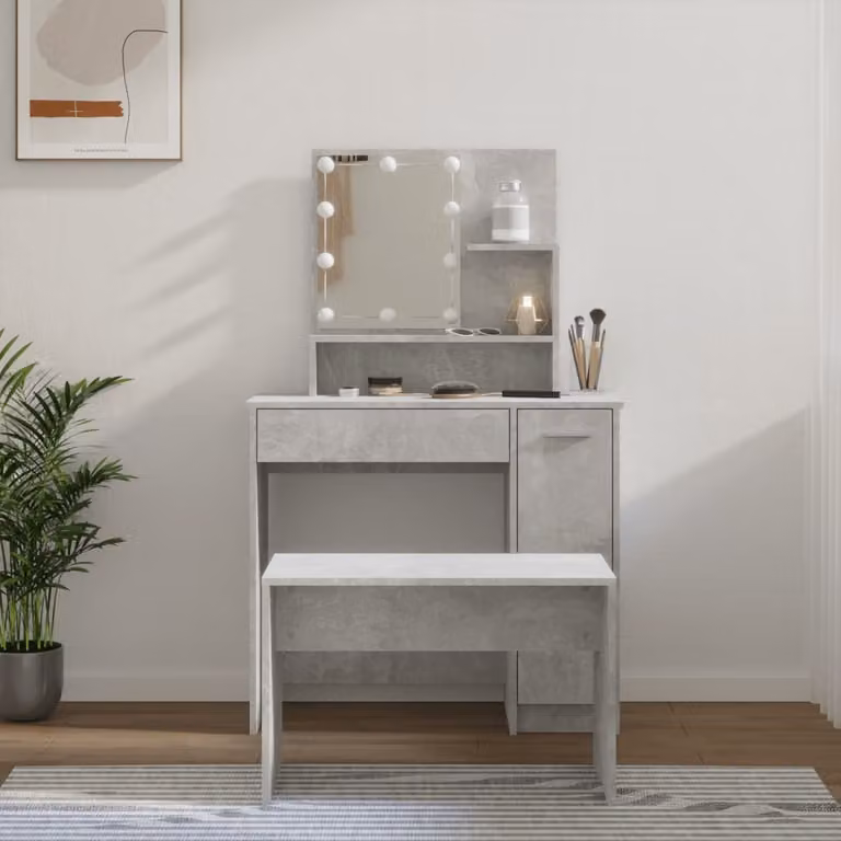 The Living Store Set di tavolini da toilette con LED in cemento grigio a base di legno