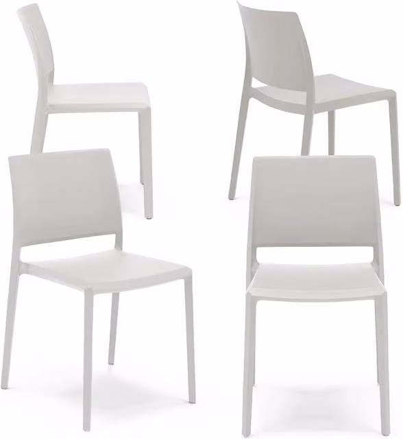 Set 4 sedie in polipropilene MEGAN, impilabile, resistente ai raggi UV, design moderno, ideale per sala da pranzo, cucina, sala d’attesa, bar, ristoranti o giardino, colore Bianco