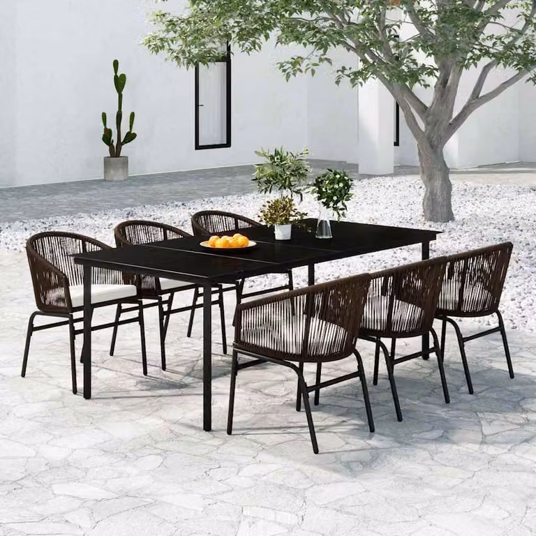 Set da pranzo da giardino vidaXL in metallo e vetro marrone, 7 pezzi