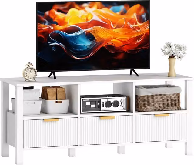 Mobile TV Moderno Xylo Bianco con 3 Cassetti e 3 Ripiani Aperti L: 120 cm, P: 39,5 cm, H: 50 cm