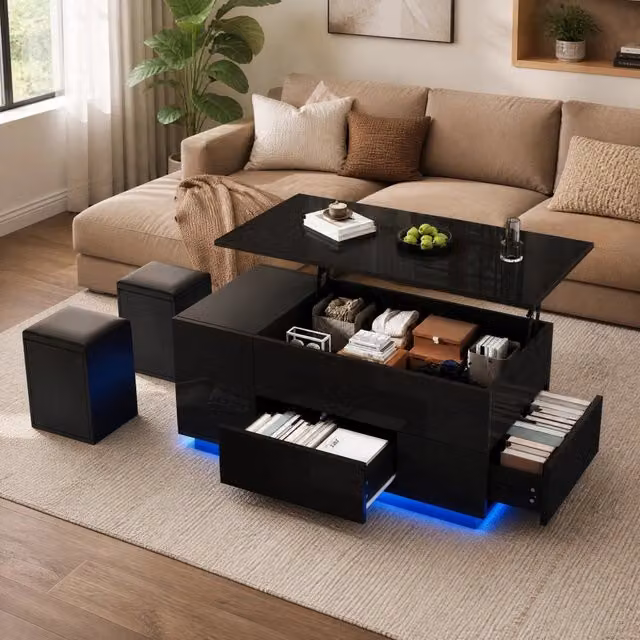 Tavolino basso alzabile Mivray nero con 2 cassetti e 2 sgabelli, L: 100 cm, P: 50 cm, H: 45 cm