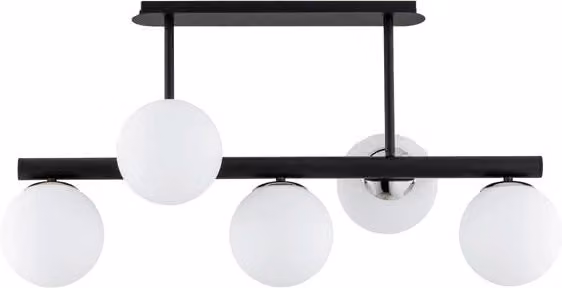 Plafoniera TUKANE Alfa nera con sfere in vetro bianco, 5xE14, dimmabile