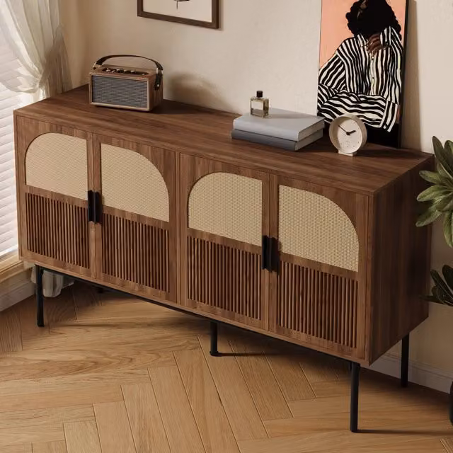 Credenza e madia con 4 ante e vani in MDF e rattan naturale finitura noce per soggiorno colore naturale 140 × 40 × 80 cm
