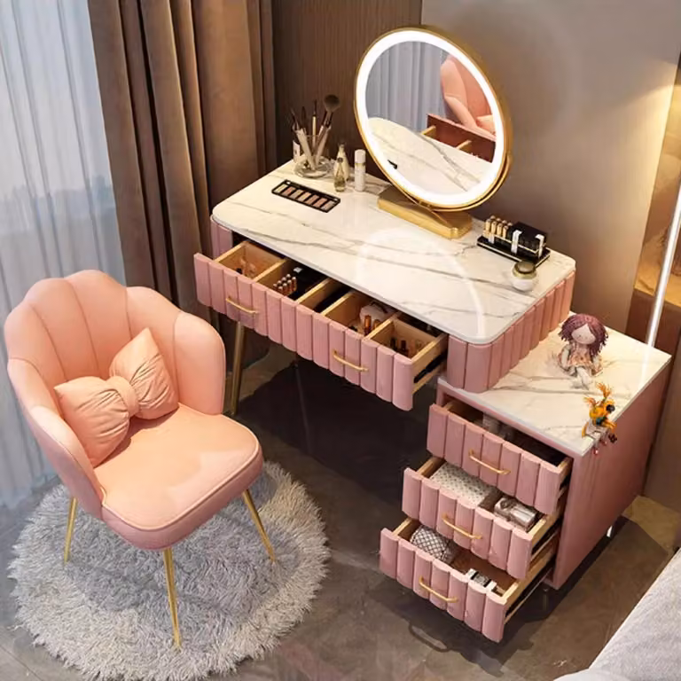 Set da trucco con specchio e sedia, 5 cassetti, legno massello, rosa, 100 cm