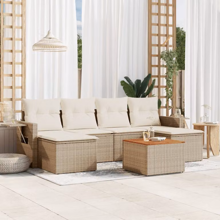 vidaXL Set di Divani da Giardino 7 pz in Polyrattan con Cuscini Beige e Bianco