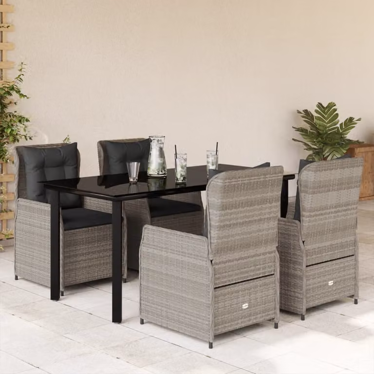 Set Pranzo da Giardino vidaXL in Polyrattan con Piano in Vetro e 5 Cuscini Grigio Chiaro e Nero