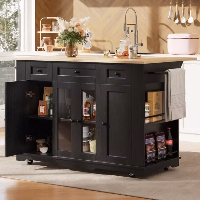 Isola cucina con piano ribaltabile in MDF effetto legno, vetro temperato, 151,5 x 60 x 91,7 cm
