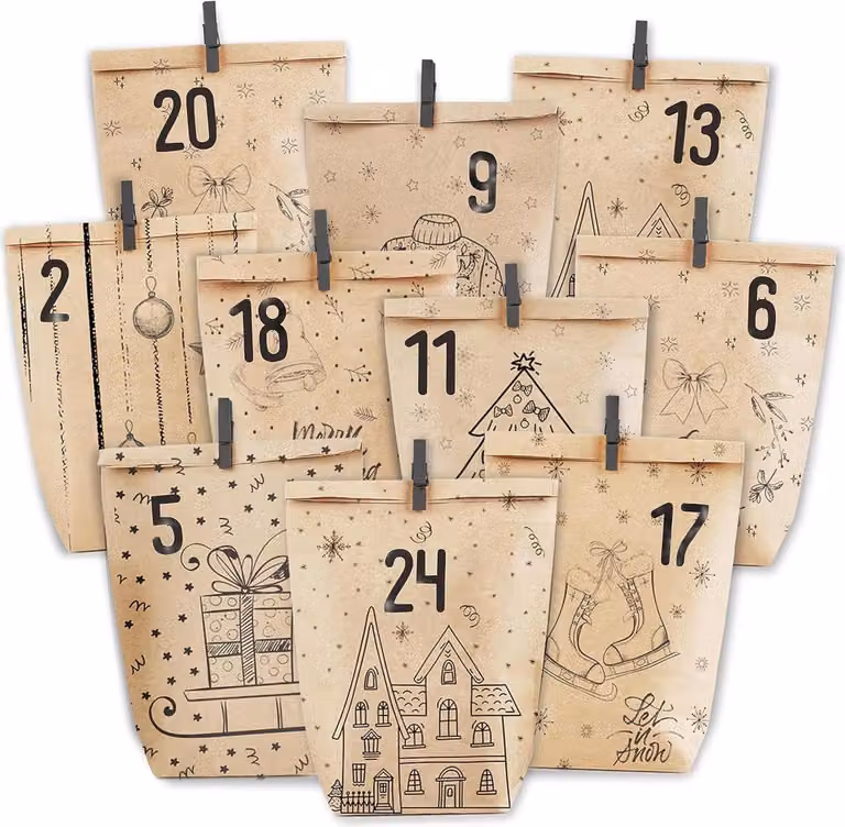 Calendario dell'Avvento autocompilabile in carta kraft motivo natalizio