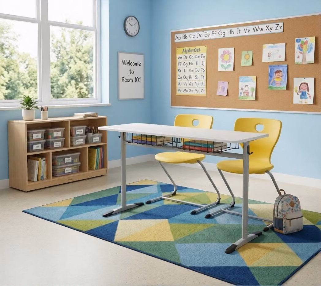 Set scolastico moderno ed ergonomico: banco da scuola grigio, sedia gialla a due posti