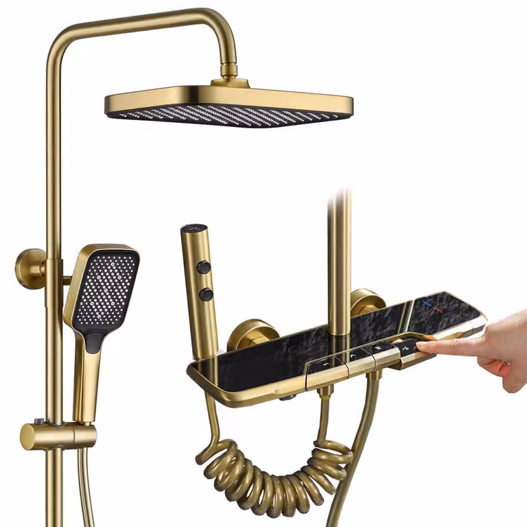 Sistema doccia con termostato, set doccia a 4 tasti, doccia a pioggia con miscelatore, soffione a pioggia di 31x21 cm, miscelatore per vasca, valvola in ottone, regolabile in altezza, finitura oro spazzolato