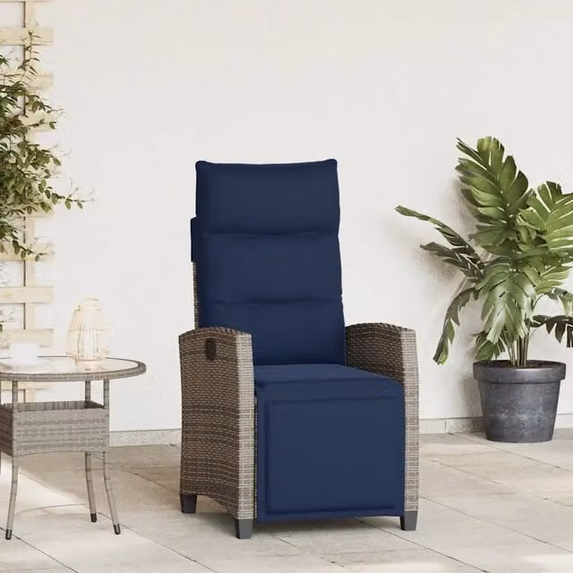 Set di Sedia Reclinabile da Giardino con Tavolino vidaXL in Polyrattan e Metallo, Colore Grigio e Blu – 1