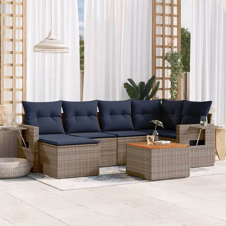 Set di divani da giardino vidaXL in polyrattan grigio con 7 pezzi e cuscini inclusi