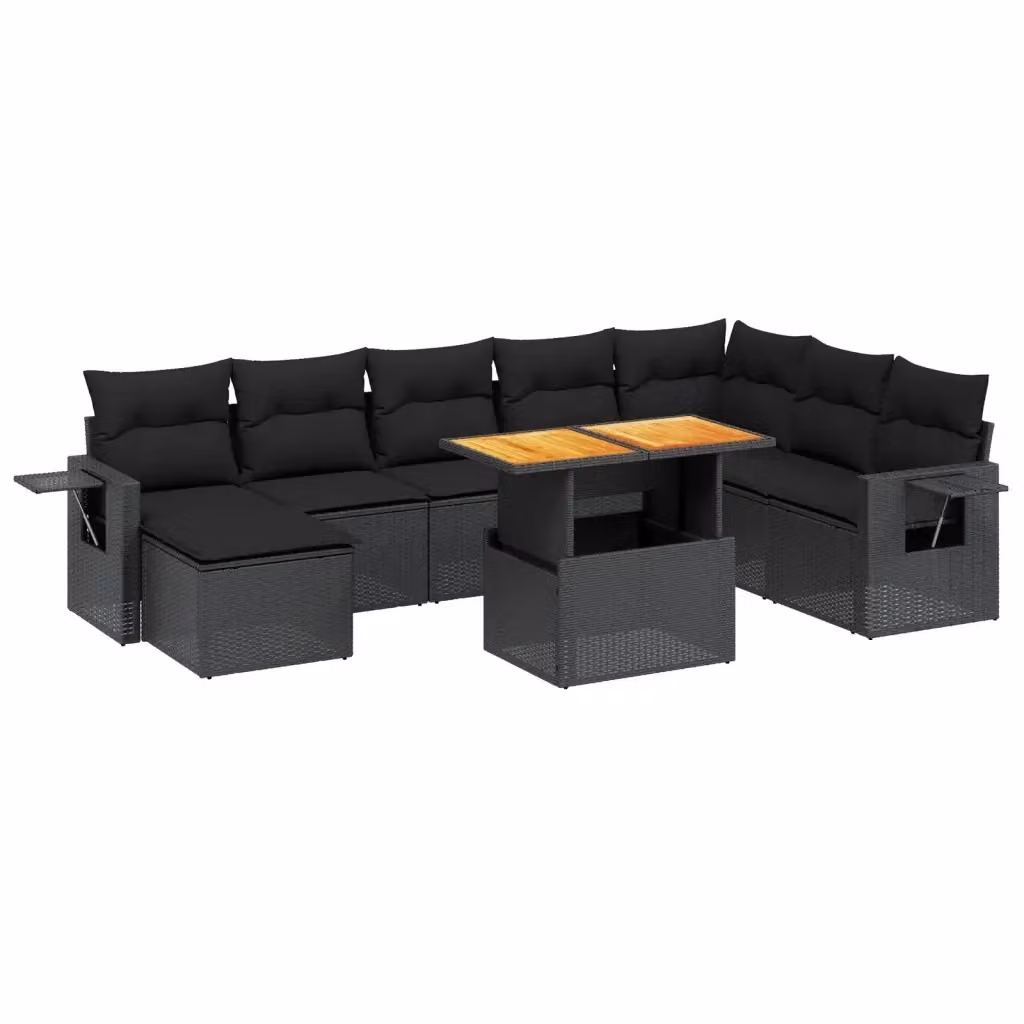 vidaXL Set Divani da Giardino 9 pz a Forma di L con Cuscini Nero in Polyrattan e Tavolino da Esterno – 2