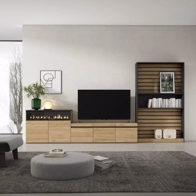 Mobile TV per soggiorno SKRAUT HOME con camino elettrico e illuminazione integrata, Rovere e nero, L: 360 cm, P: 35 cm, H: 186 cm