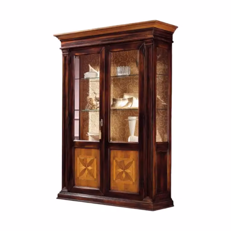 Vetrina Mobili 2G con 2 porte in vetro e intarsio quadrifoglio in stile shabby chic bicolore L: 152 cm, P: 55 cm, H: 214 cm