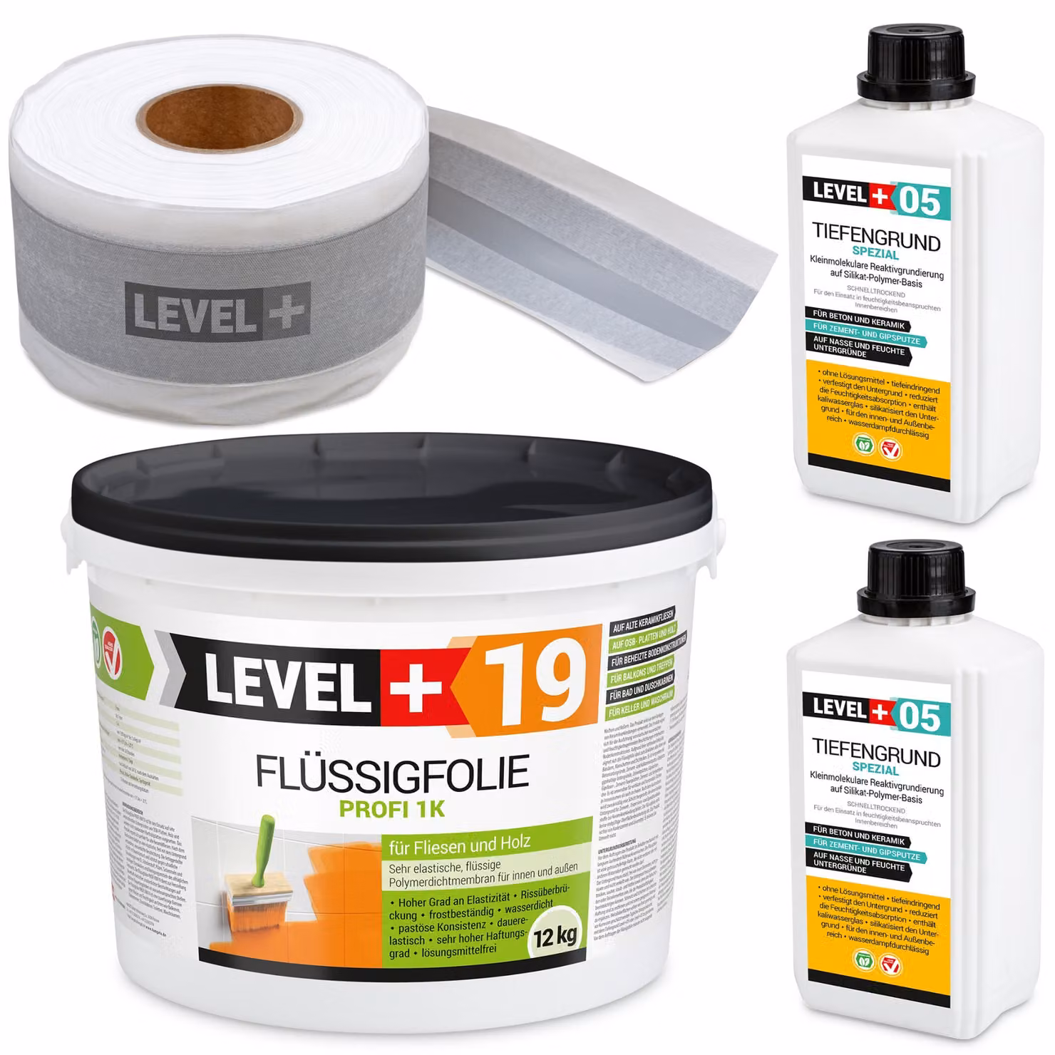 Kit di impermeabilizzazione: membrana liquida 12 kg, nastro 15 metri, primer 2 litri. Adatto per balconi e bagni. Modello: LEVEL+ SET525