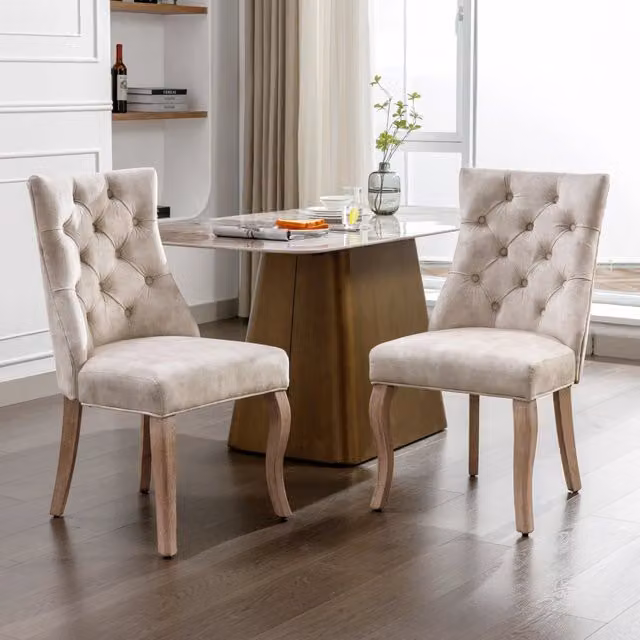 Sedia da pranzo in velluto beige chiaro - Zephmum- Schienale alto, rivestimento a bottoni, telaio in legno massello, set di 2