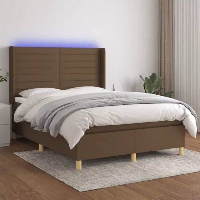 Letto con Materasso a Molle vidaXL con Illuminazione LED e Porte USB, Tessuto Marrone e Bianco, L/P/H: 200 x 140 x 128 cm – 1