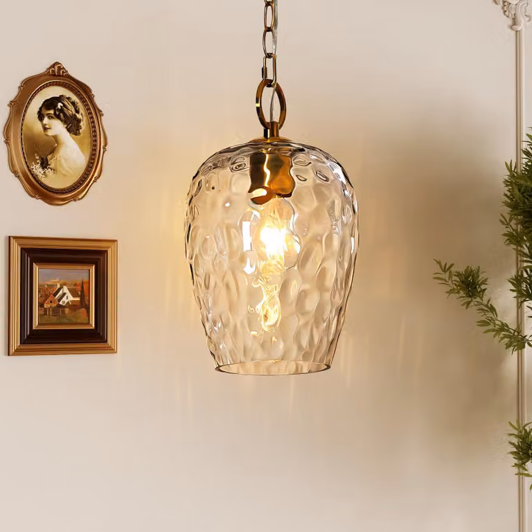 Lampada a sospensione con paralume in vetro lavorato, catena regolabile di 152 cm, altezza regolabile, diametro 22 cm, dimmerabile