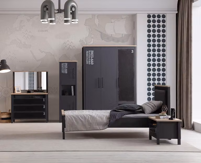 Graues Schlafzimmer Set Holzgarnitur Bett Schminktisch Bücherregal