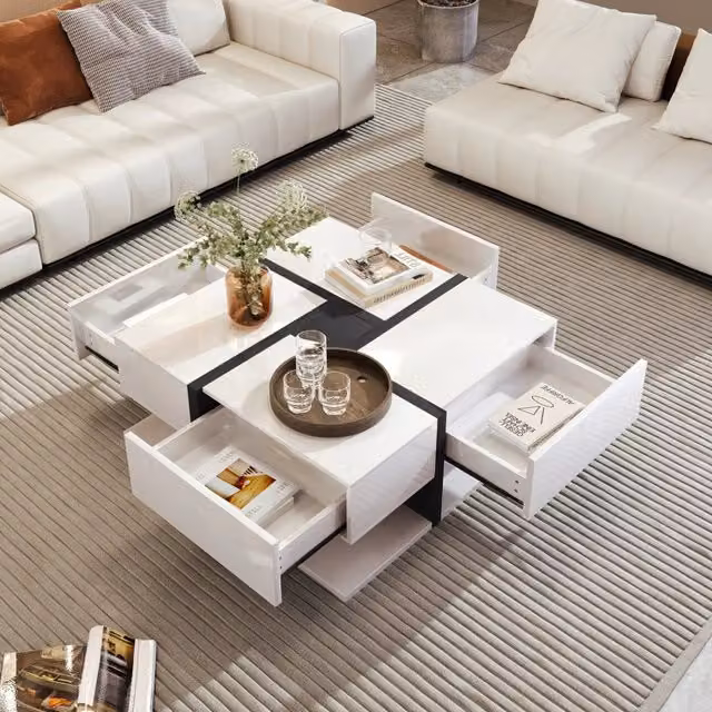 Tavolino basso fisso quadrato con 4 cassetti e ripiano inferiore in pannello di particelle 78 × 78 × 36 cm