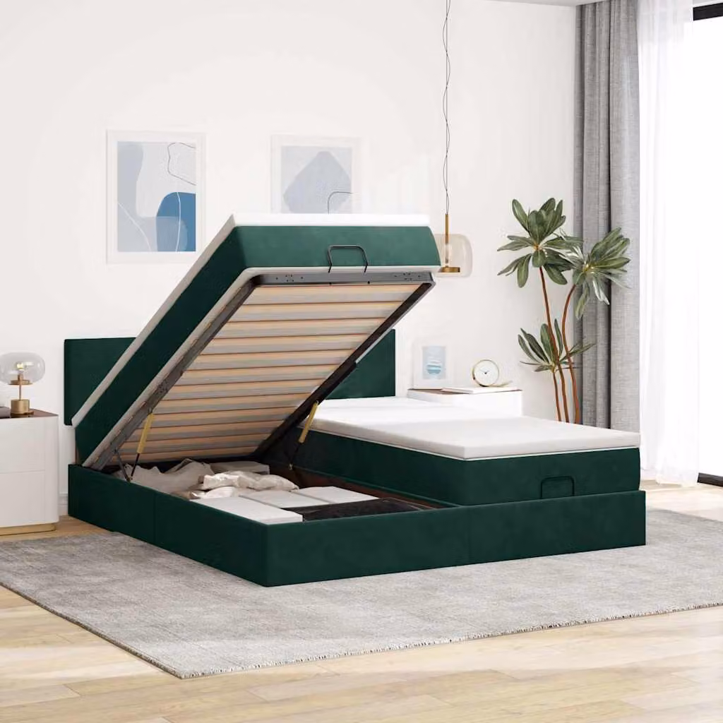 Struttura Letto con Contenitore e Materasso vidaXL in Velluto Verde, L: 160 cm, P: 200 cm, H: 203 cm – 1