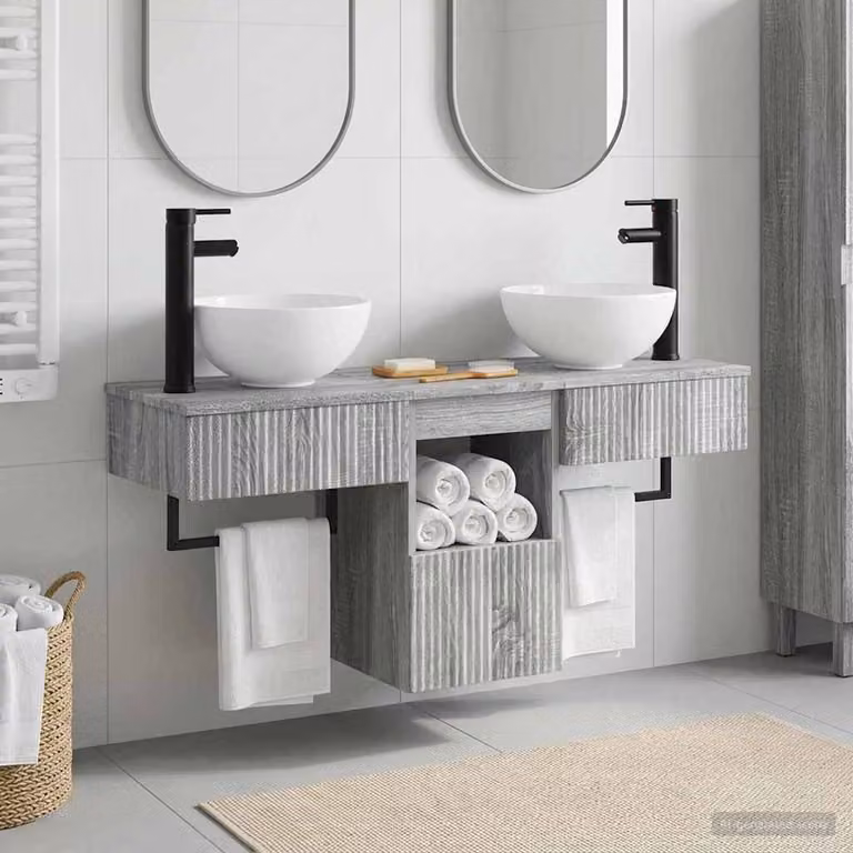 Set di mobili per il bagno moderno vidaXL in 3 pezzi grigio, composto da mobile lavabo e armadietto laterale sospeso