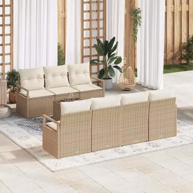Set di divani da giardino vidaXL a forma di L con 8 pezzi, colore beige e bianco, in rattan con struttura in metallo e cuscini inclusi