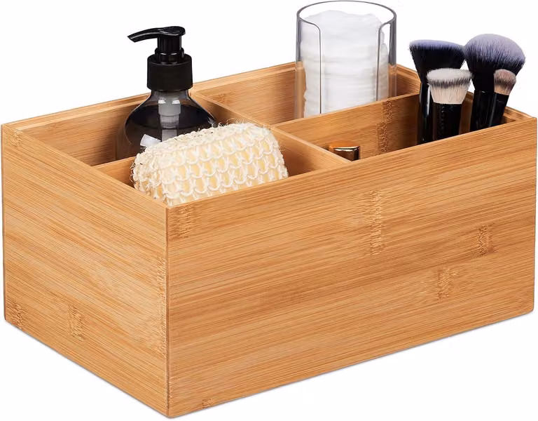 Contenitore portaoggetti in bambù - Impilabile - Ideale per bagno o cucina - 4 scomparti - Scatola portaoggetti senza coperchio - 14x30x20 cm - Colore naturale