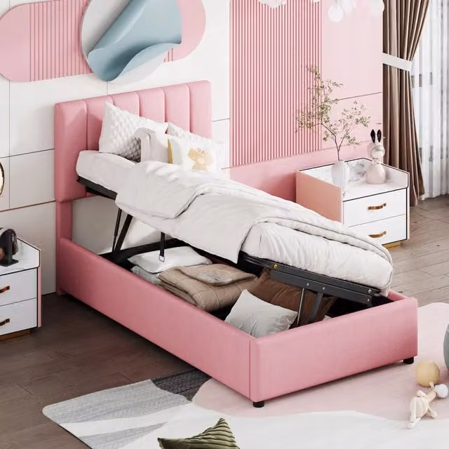 Letto singolo 90x200 - Xylo - Rosa - Con meccanismo idraulico