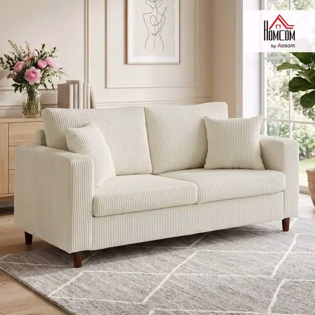 Canapé 2 Places en Velours Côtelé Moderne 170 cm Assise Large Crème