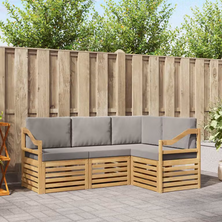 vidaXL Set di divani da esterno 4 pz a forma di L in legno di acacia con cuscini bianchi e grigi