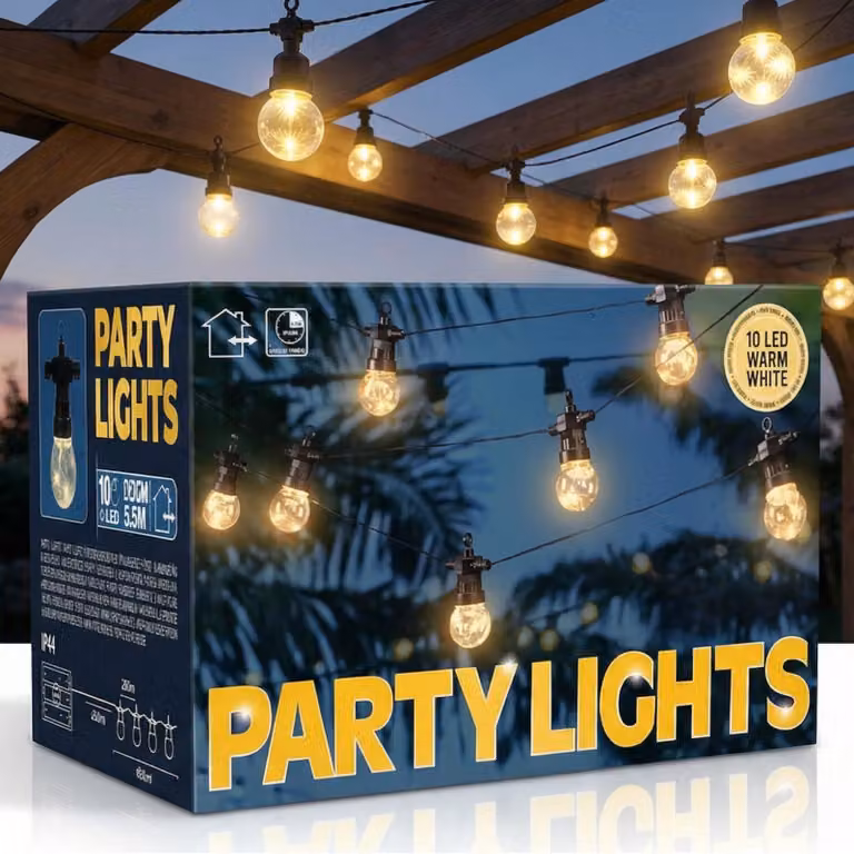 Catena luminosa a LED, 10 lampadine bianco caldo, 5,5 metri, alimentazione a batteria, grado di protezione IP44