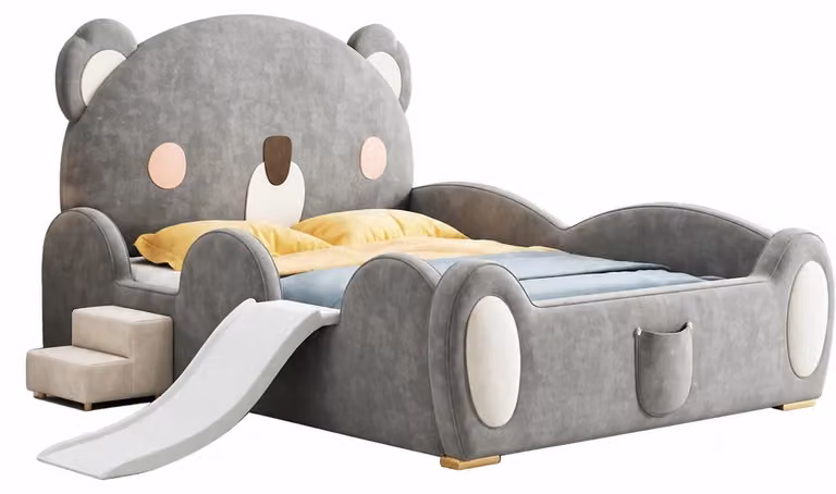 Letto a forma di orsetto grigio, con scaletta e scivolo, ideale per bambine