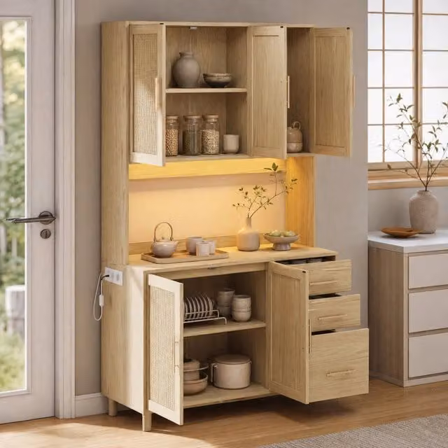 Credenza cucina naturale in MDF con LED integrati e porta USB