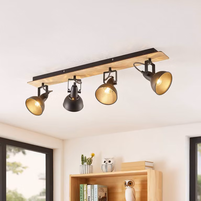 Lindby Aylis, plafoniera a 4 luci, 82 cm, nero, legno, E14 Aylis Lindby, dimmerabile, Legno scuro, Soggiorno / Sala da pranzo, Metallo, Industriale, Faretto