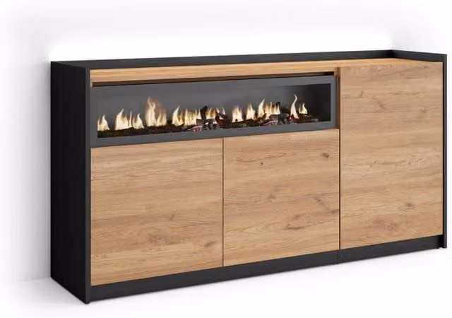 Credenza, Mobile, Cucina, 156x80x37 cm, 3 Porte, Camino elettrico, LED, Rovere e nero
