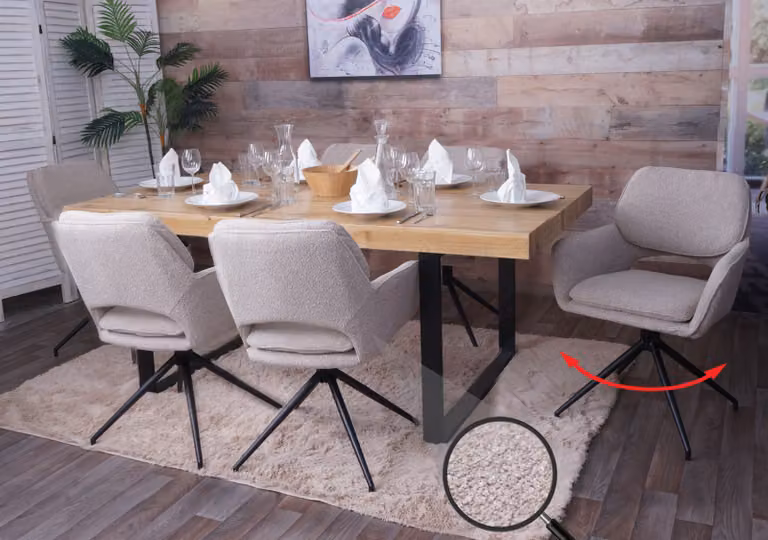 Set di 6 sedie da pranzo modello HWC-N74, sedia da cucina, girevole con ritorno automatico, rivestita in tessuto bouclé (540g/m²), colore beige